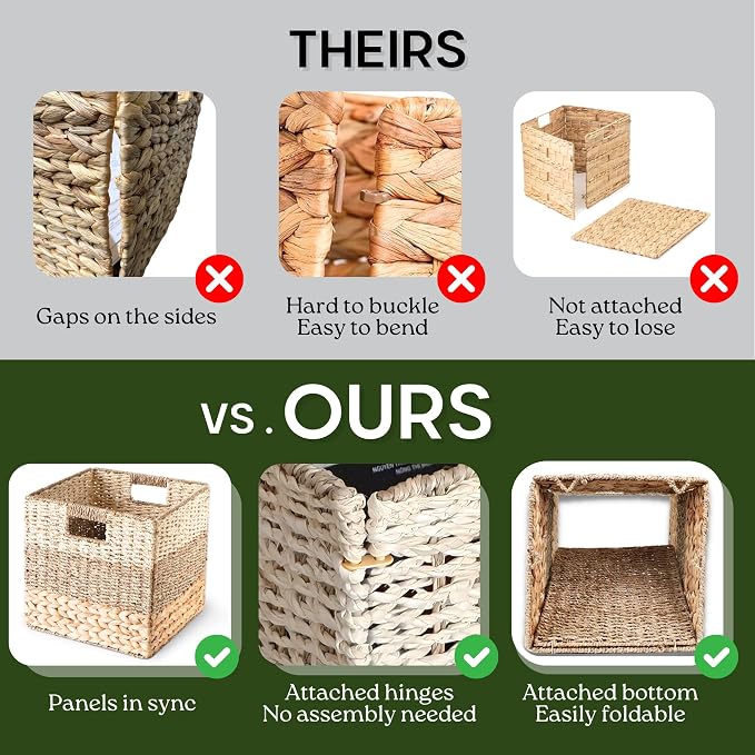 12x12 Baskets for Cube Storage, Wicker Cube Storage Bins Set 4 | 12x12x12 Storage Bins, Foldable Square Baskets For Cube Shelves, Kallax Woven Bins, Versatile Storage, Natural Water Hyacinth - Image 6