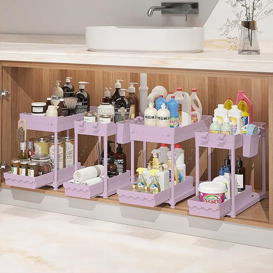 4-Pack 2-Tier Under Sink Organizer with Pull Out Drawers | Multi-use kitchen & bathroom storage. Includes hanging hooks and cups. Pink, space-saving cabinet design. 12.8 Inch by Sevenblue