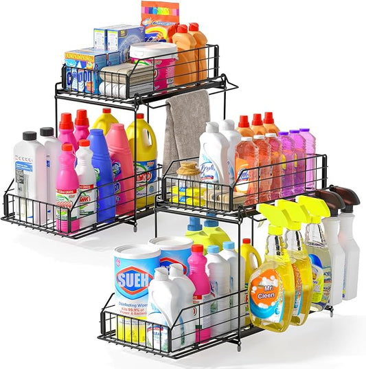 Under Sink Organizers and Storage 2 Pack, 2-Tier Pull Out | Large Black Metal Shelf, Hanging Rail, Kitchen Bathroom Cabinet Organizer, Sliding Storage Drawer for Pantry by SUEHDESIGN