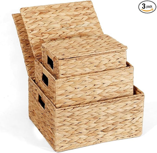 Wicker Storage Baskets with Lids,Multi-size 3 Pack Natural Water Hyacinth Wicker Nesting Baskets,Decorative Storage Ratten Boxes for Organizing,Storage,and Gifts by WickerStorageBaskets