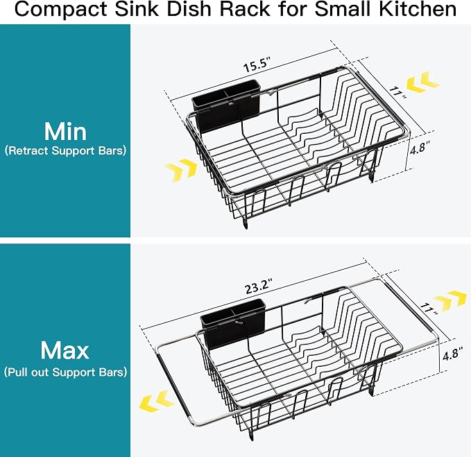 JASIWAY Black Dish Drying Rack in Sink, Dish Drainer with Utensil Holder | Over The Sink Expandable Stainless Steel Strainer Dryer Rack for Small Kitchen, Counter Space Saving, Fast Drain, Rustproof - Image 4