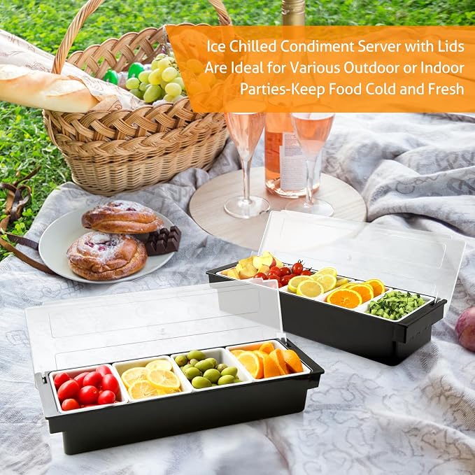 WICHEMI Ice Chilled Condiment Caddy with 4 Removable Trays and Lids | Condiment Container, Taco Bar Serving Tray, Fruit & Garnish Trays Serving Platter for Salad, Party Supplies & Bar Accessories - Image 6