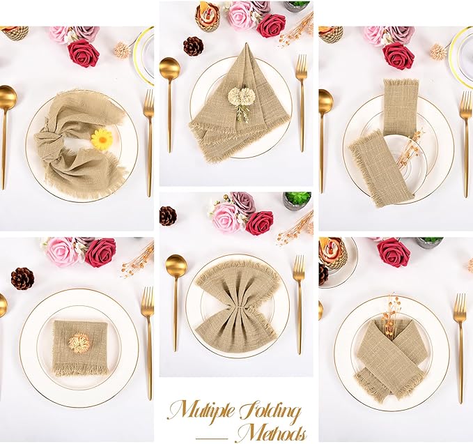 50 Pack Caramel Cloth Napkins, 16 x 16 Inch Cotton with Fringe Settings | Handmade washable reusable cotton dinner napkins in bulk for weddings, parties, rustic boho table settings - Image 3