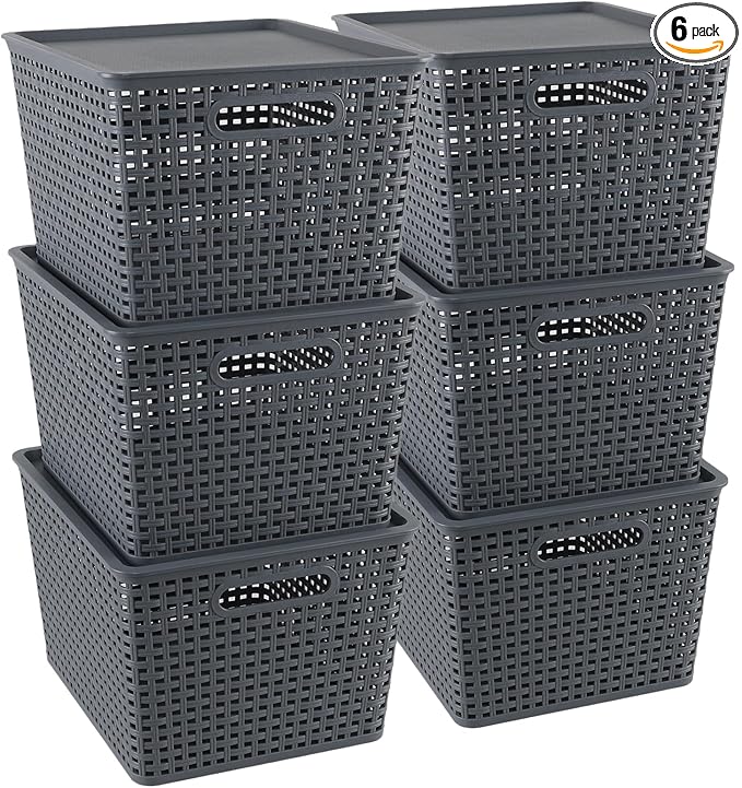 Ggbin 6-Pack Large Plastic Weave Storage Baskets Bins with Lids, Grey | Stackable by Ggbin