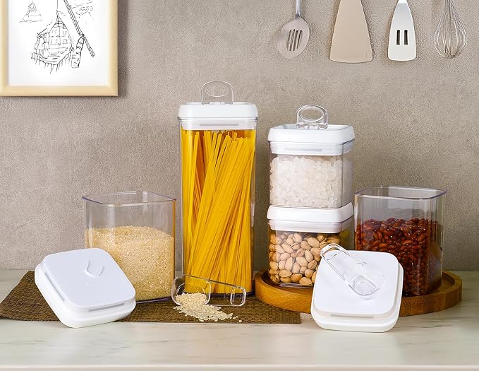 Felli Flip Tite Food Storage Container 5" LARGE 5pk Set + No Residue Label, Airtight Lid Easy Lock Top Stackable, Plastic Canister Jar for Pantry Kitchen Fridge Organizer Pasta Protein Powder Spice - Image 2