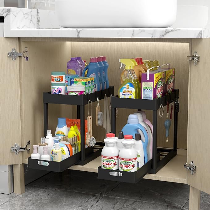 2pcs Under Sink Organizer Kitchen Bathroom Storage Cabinet 2 tier Sliding Drawer Counter Organization Shelf Storage Drawers Rack with Pull Out Basket and Hooks Black by Unknown