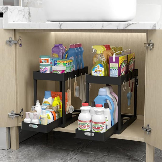 2pcs Under Sink Organizer Kitchen Bathroom Storage Cabinet 2 tier Sliding Drawer Counter Organization Shelf Storage Drawers Rack with Pull Out Basket and Hooks Black by Unknown