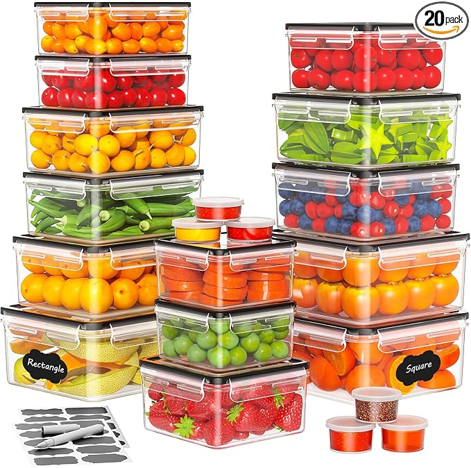 40 Pcs Food Storage Containers with Lids Airtight (20 Lids & 20 Containers)- Reusable Plastic Leakproof Meal-Prep Container for Kitchen Storage Organization Microwave/Dishwasher Safe with Labels & Pen by JSCARES