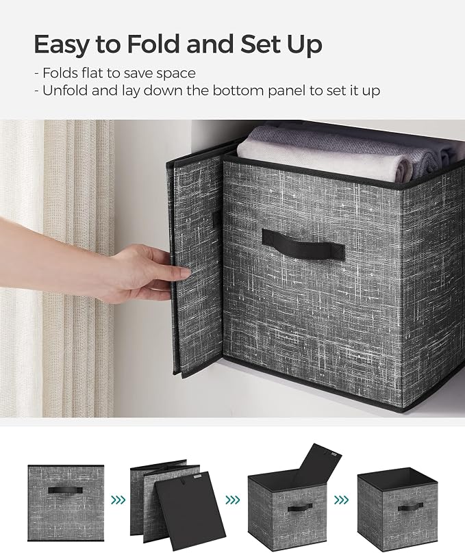 SONGMICS Storage Cubes, 13-Inch Non-Woven Fabric Bins with Double Handles, Set of 6, Closet Organizers for Shelves, Foldable, for Clothes, Classic Black UROB033B01 - Image 6