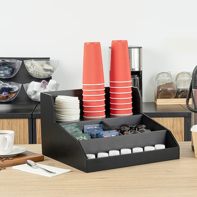 Restaurantware Coffee Cup Organizer 15 x 14.25 x 9.25 Inch Multipurpose Bamboo Condiment Holder Black Countertop Cup and Lid Organizer for Coffee Shops and Office Break Rooms - Image 4