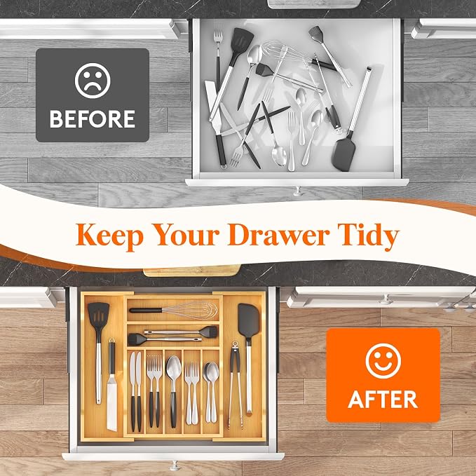Lifewit Silverware Drawer Organizer, Wooden Utensil Tray for Kitchen | Expandable Flatware and Cutlery Holder, Adjustable Storage for Spoons Forks Knives, 12-21 x 17", Natural - Image 9