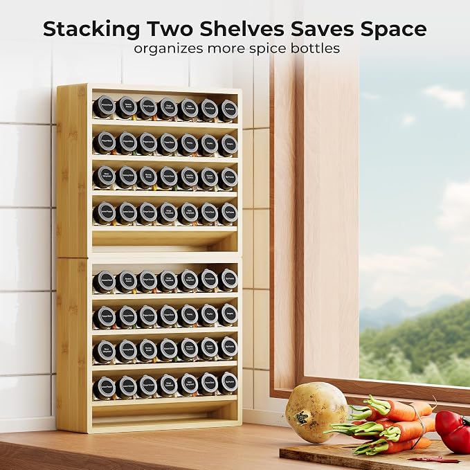 Orimade 4 Tier Spice Rack Organizer for Cabinet with 28 Plastic Spice Jars, Freestanding Bamboo Seasoning Rack for Countertop, Cupboard, Pantry, Kitchen, 13.18 x 4.13 x 12.2 inches - Image 4