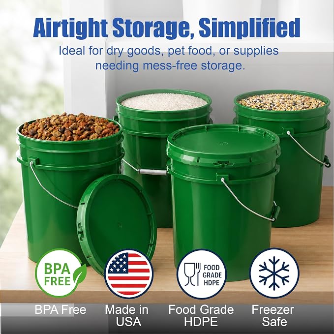 5 Gallon Bucket - Food Grade w/Lid BPA-Free, 3 Pack - Green | Airtight Gasketed Tear Strip Lid, Heavy-Duty 90 Mil HDPE Plastic Pail, Bulk Storage, Food Safe Durable Container, Made in USA - Image 2