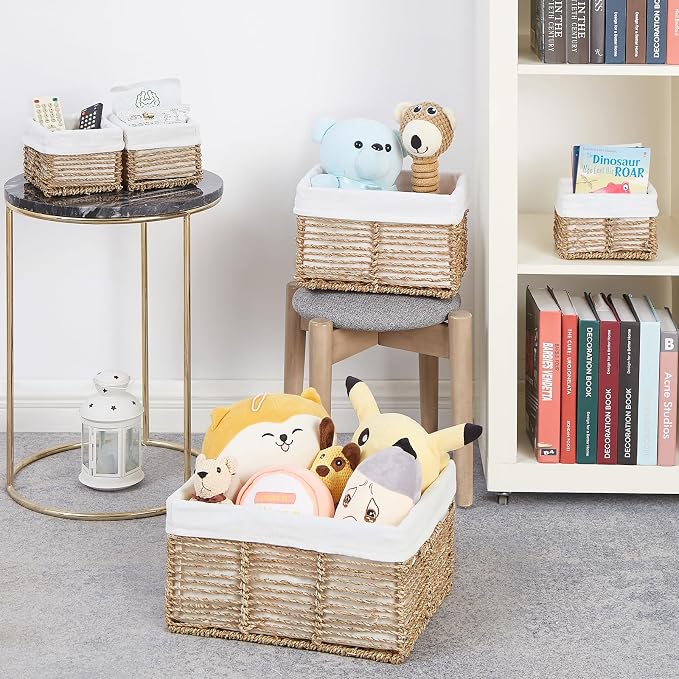 Wicker Storage Basket, 5 Pack Baskets for Organizing, Seagrass Storage Baskets, Rectangular Wicker Baskets for Storage Shelves, Cube Storage Bins For Closet/Clothes/Dresser - Image 2