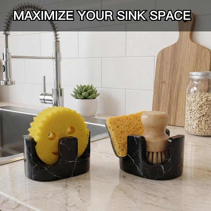 Black Marble Sponge Holder for Kitchen Sink, Dual Slot Stone Caddy, Nero Marquina | 2-in-1 Natural Marble Sponge & Brush Holder, Raised Edge Helps Catch Water, Keeps Countertop Dry, Luxury Kitchen Decor - Image 6