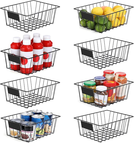 8 Pack Wire Storage Baskets for Organizing with Removable Tags, Pantry Organization Bins for Kitchen Cabinets, Closet - Metal Basket for Laundry, Garage, Refridge, Bathroom Countertop Organizer, Black by VITEVER