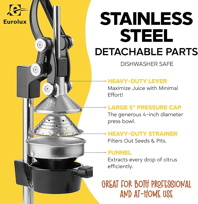 Eurolux Ultra-Premium Cast Iron Juicer | Extra-Large, Heavy Duty, Commercial Grade, Stainless Steel Manual Hand Press Citrus Squeezer For Fresh Orange Juice, Pomegranate, Lemon, and Much More (Black) - Image 6