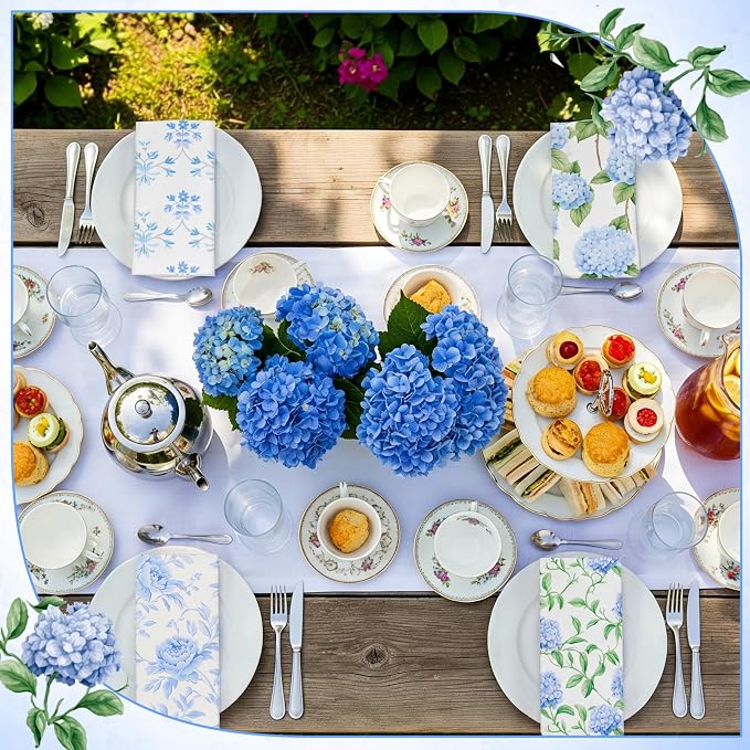 12 Pcs Floral Cloth Napkins 6 Patterns Washable Dinner Tea Party Napkins Reusable Plant Flowers Square Napkin Cotton Towel Decorative for Summer Wildflower Party(Blue Hydrangea) - Image 4