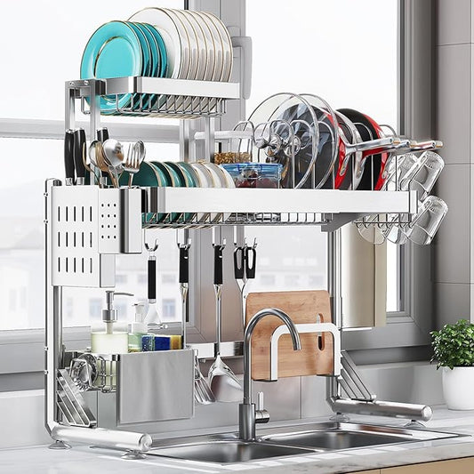 Over Sink Dish Drying Rack, Upgrade 2.5-Tier 304 Stainless Steel Dish Rack Adjustable Length with Pots and Pans Rack, Modern Over The Sink Dish Drainer Rack for Kitchen Storage Counter Organizer by Shrivee