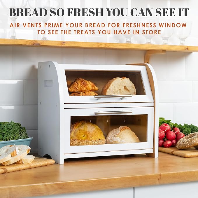 Arise Stylish Bamboo Bread Box for Kitchen Countertop, Extra Large 2-Shelf Wooden Bread Storage Container with Clear Windows and Air Vents Keep Bread, Bagels and Rolls Fresh, Self Assembly | Bread Storage Container with Clear Windows & Air Vents, Bread... - Image 2