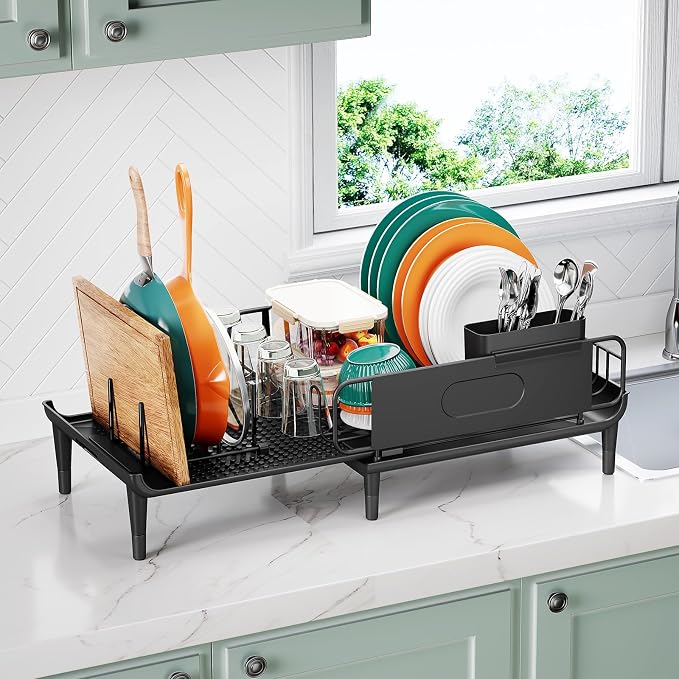 Urackify Expandable Dish Drying Rack with Drainboard for Kitchen Counter | Expands from 16.9 to 26.6 inches to fit more dishes, plates with fast drainage and flexible placement for any sink - Image 2