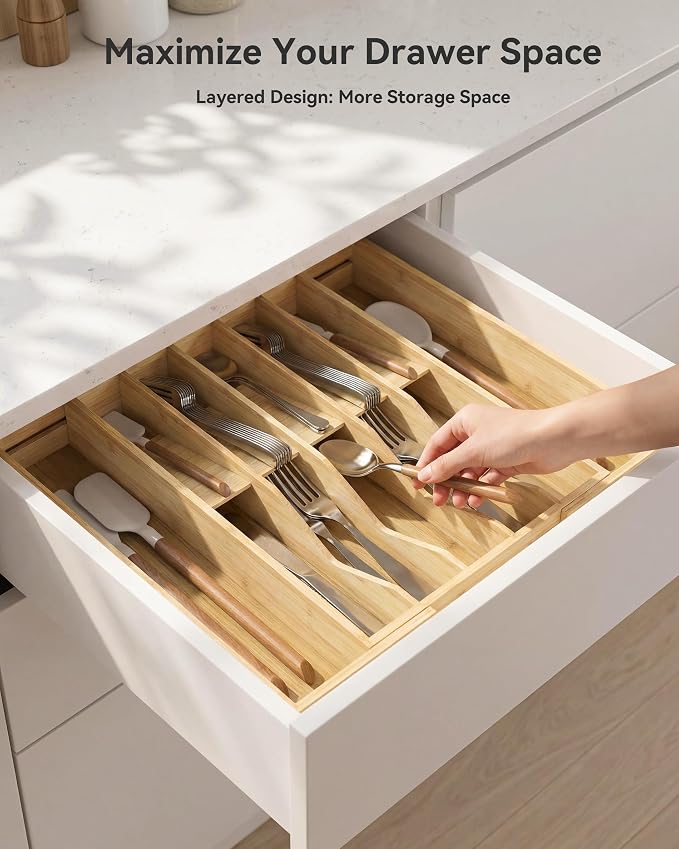 Expandable Utensil Drawer Organizer for Silverware,Bamboo 12 Slot | V-Groove & Anti-Slip Blocks, Vertical Storage,16.7" D x 13”-20" Wx 2.56" H, Cutlery Holder Dividers for Spoons Forks Knives - Image 3