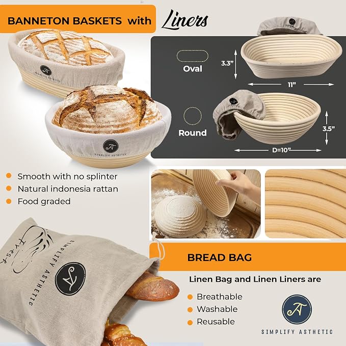 Premium Banneton Bread Proofing Baskets - A Complete Sourdogh Bread Baking Kit - Sourdough Starter Jar Kit 1000ml, Round and Oval Slings - Image 3