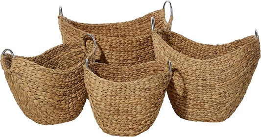 Deco 79 Seagrass Handmade Decorative and Functional Storage Basket Woven Curved Basket Organizer with Silver Metal Handles, Set of 4 Basket for Storage 14", 16", 19", 21"W, Brown | Decorative And Functional Handmade Woven Curved Basket Organizer With S... by Deco79