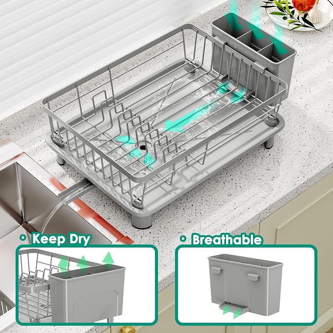 Dish Drying Rack, Stainless Steel-Dish Rack, (gray-11 W x 15" L) | Dish Racks for Kitchen Counter, Kitchen Dish Drainers with Removable Utensil Holder,New drain outlet, - Image 2