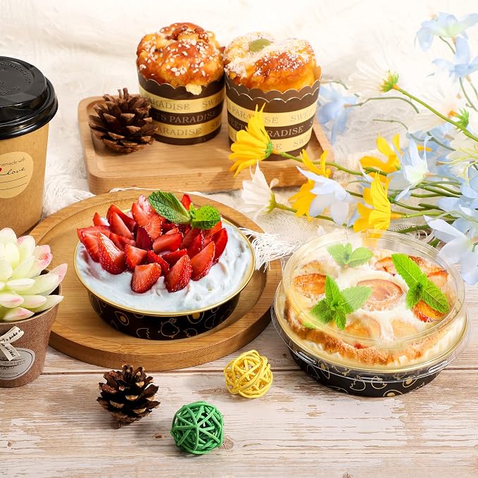 Beasea Mini Tart Pan 100 Pack with Lids, 4 Inch 8oz Gold Black Disposable Aluminum Baking Foil Tins Small Round Tart Containers for Individual Dessert Muffin Cheesecake Ramekins Quiche Oven Dishes - Image 6