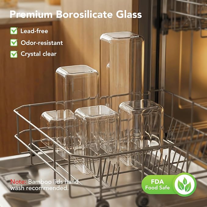 Square Glass Pasta Storage Containers, Set of 5, Pantry Organization & Storage Jars with Bamboo Lids, Stackable Borosilicate Kitchen Canisters for spaghetti, Sugar, Coffee, and Cereal - Image 6
