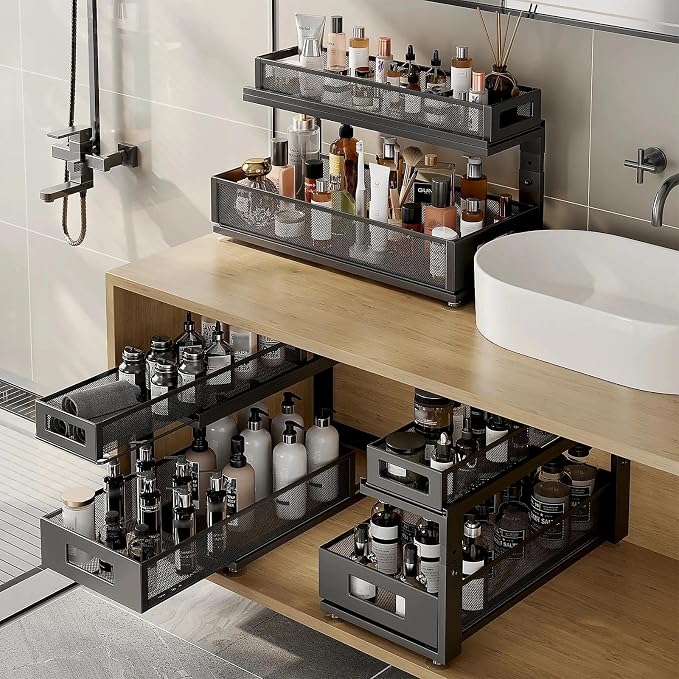 2 Pack 21.3IN-Depth Under Sink Organizer with Next-Gen Ball-Bearing Slides,2-Tier Pull Out Cabinet Storage,Height Adjustable Drawer Shelf for Bathroom,Kitchen,Laundry,Cabinet,Pantry-Black - Image 7