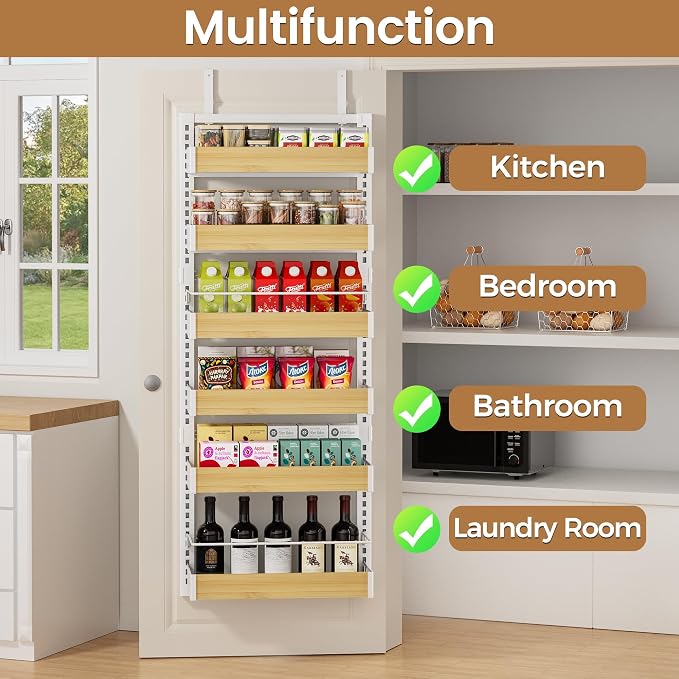 POKIPO 6 Tier Over The Door Pantry Organizer, 2-in-1 Door Hanging or Wall Mounted Spice Rack, Large Heavy Duty Pantry Door Storage Seasoning Shelves with Adjustable Basket for Kitchen Bathroom Closet - Image 6