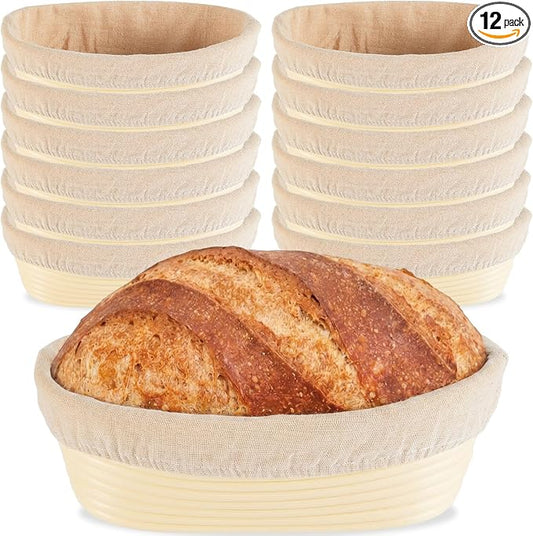 12 Pack Banneton Bread Proofing Basket 10 Inch Oval Rattan Banneton Baskets with Linen Liner Cloth Sourdough Basket Dough Proofing Basket for Professional & Home Sourdough Bread Baking by Bornerwhite