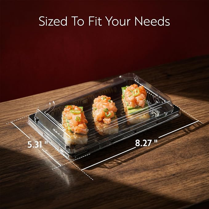 Restaurantware Plastic Sushi Trays 100 Pack of 8.2 x 5.3 x 1.57 Inch With Clear Lids Leak-Resistant Sushi Take Out Boxes Stackable Containers For Grab-And-Go - Image 2