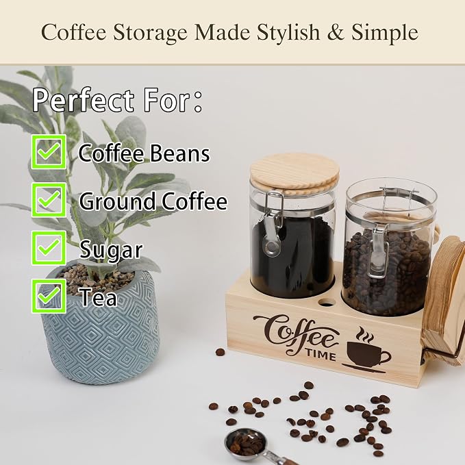 Glass Coffee Canister Set with Shelf & Spoon 2 Piece Coffee Containers for Coffee Bean Storage Airtight Seal, Coffee Bar Accessories Filter Holder for Kitchen Organization - Image 5