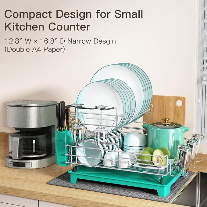 2 Tier Turquoise Large Stainless Steel Dish Drainers Drying Rack for Kitchen Counter with Drainboard, Rust Proof Metal, Space Saving, Modern Aesthetic, Compact Plates Strainers with Extra Mat - Image 2