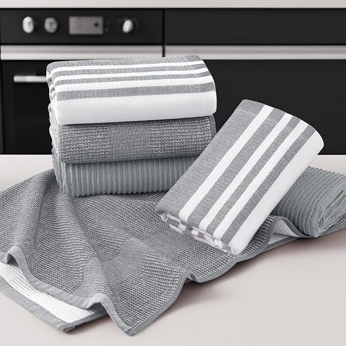 Homaxy Cotton 380 GSM Premium Kitchen Towels, 18"x 28", 3 Pack, Grey | Soft and Absorbent Terry Dish Towels, Multipurpose Tea Towel Set with Hanging Loop, 3 Styles Kitchen Hand Towels - Image 5