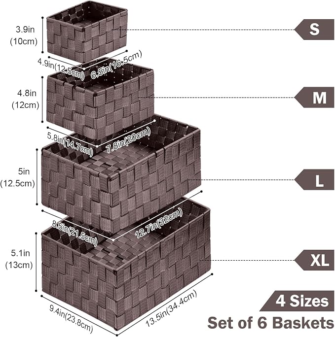 Storage Baskets with Lids: 6 Pack Stackable Woven Storage Bins, Brown | Decorative Woven Baskets for Organizing with Built-In Handles for Shelves, Closets, Cabinets and Cubbies, Gift Small Basket - Image 2