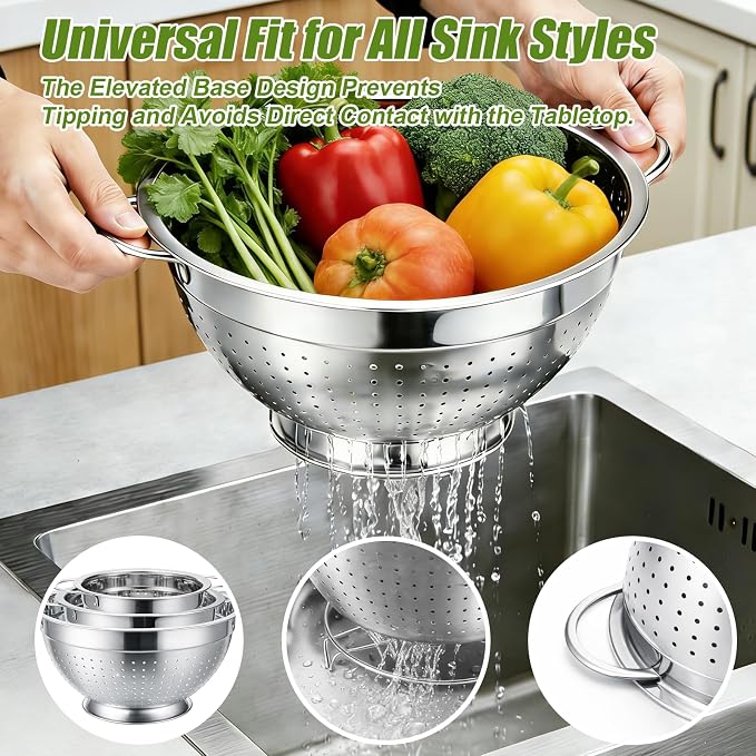 Palksky Stainless Steel Colander Set with Handles & Self-Draining Base, 3 Sizes (7”, 9”, 11”), Heavy Duty Pasta Strainer, Rice & Vegetable Strainer, Countertop Draining System - Image 2