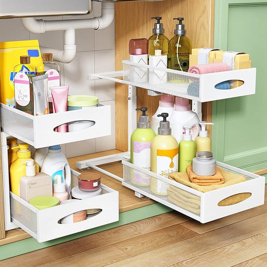 Under Sink Organizer, 2 Pack 2 Tier Pull out Cabinet Organizer Baskets with Mesh Sliding Drawers, Slide out Sink Storage Shelves for Kitchen, Bathroom, Pantry, Cabinet Organizers and Storage(White) by Kitstorack