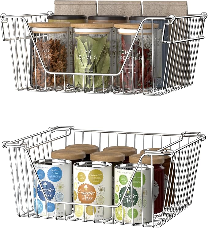 Slideep Stackable Storage Baskets Stainless Steel Cabinet Organizer Sturdy Metal Wire Pantry Freezer Bin for Pantry Home Bathroom Kitchen Organization 6 Packs - Image 3