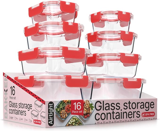 Bakken Borosilicate Glass Food Storage Containers with Lids 16 Pieces, BPA-Free Stackable Lunch & Leftover Containers, Microwave, Freezer & Dishwasher Safe, 100% Airtight Leak-Proof, Red by BAKK%C3%8BNMASTER
