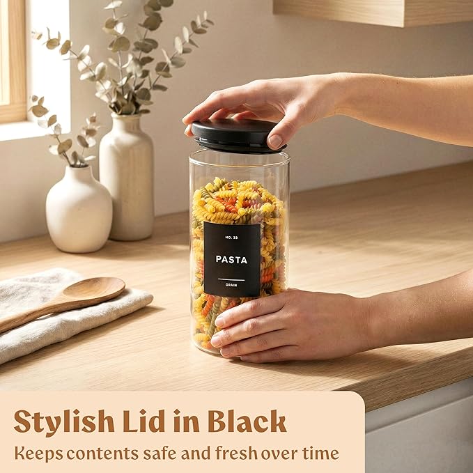 Glass Storage Containers with Black Lids [Extra Thick Glas] with 54 Labels - Canister For Pantry Noodles Flour Cereal Rice Sugar Tea Coffee Beans - Round Set of 5x - Image 6
