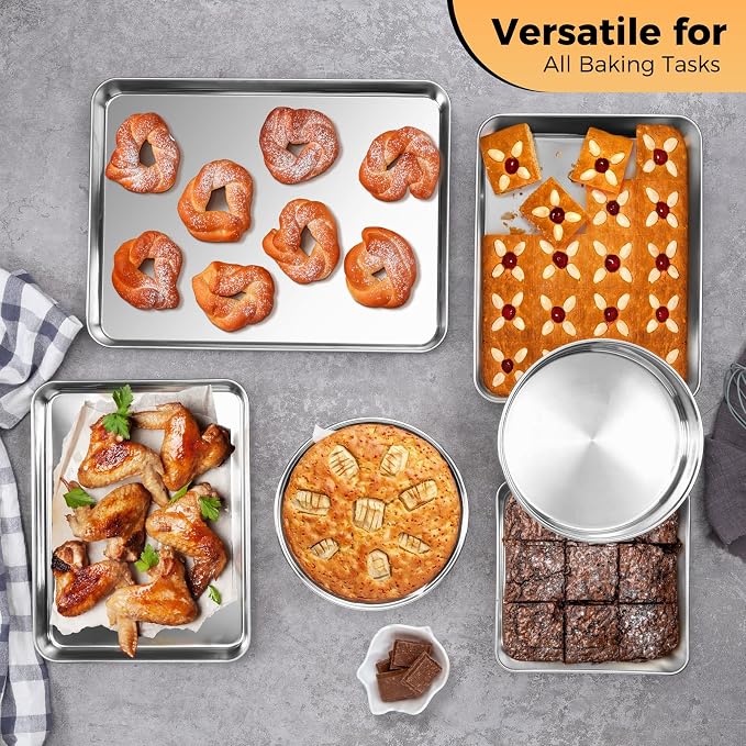 E-far Stainless Steel Baking Pan Set, 6-Piece Metal Bakeware Sets Include Cookie Sheet, Round Square Rectangle Cake Pans, Non-toxic & Dishwasher Safe - Image 4