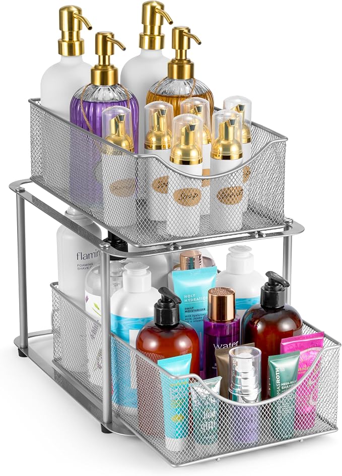 Sorbus 2 Tier Metal Under Sink Organizer for Bathroom, Kitchen, Strong Steel Mesh Sliding Drawers for Under Sink, Under Cabinet, Closet, Kitchen, Pantry, Bathroom Organizers and Storage (Silver) by Sorbus