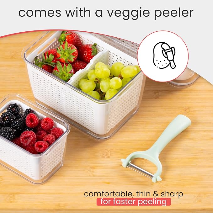 Premium Fruit Storage Containers for Fridge with Veggie Peeler – 3-in-1 Produce Containers for Fridge with Strainer & Removable Colander – Large, Clear Fruit and Vegetable Storage Organizer (Set of 3) - Image 5