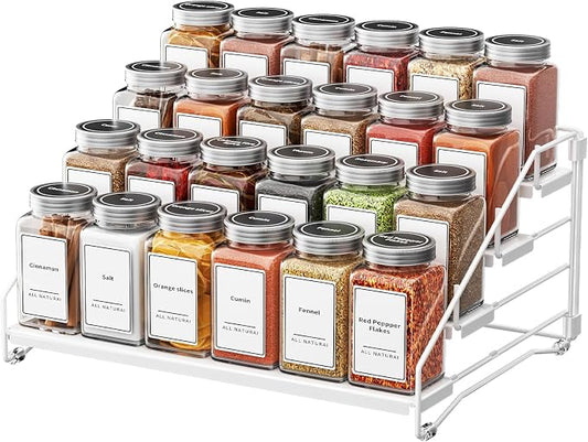 BOIVSHI Tiered Spice Rack, Spice Shelf Organizer for Cabinet, Metal White | 4 Tier Spice Rack for Countertop, Depth Adjustable Spice Organizer, No-screw Assembly, Space-saving for Cabinet, 1 Pack by BOIVSHI