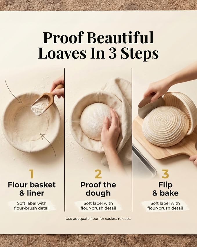 Banneton Bread Proofing Basket with Liners - Natural Rattan Dough Riser, Sourdough Bread Basket, Artisan Bread Loaves, Homemade Bread Making - 2 Pack 9 " Round Basket - Image 4
