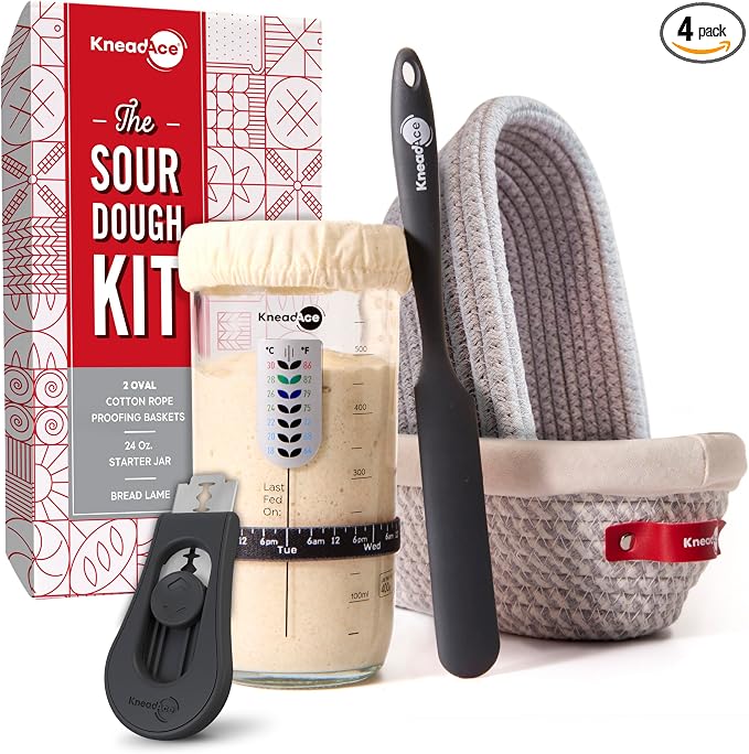 KneadAce Sourdough Starter Kit – 24oz Starter Jar, 2 Cotton Rope Banneton Proofing Baskets, Magnetic Bread Lame for Scoring – Gift for Bakers & Complete Sourdough Bread Baking Set by KneadAce-DesignedbyBakers